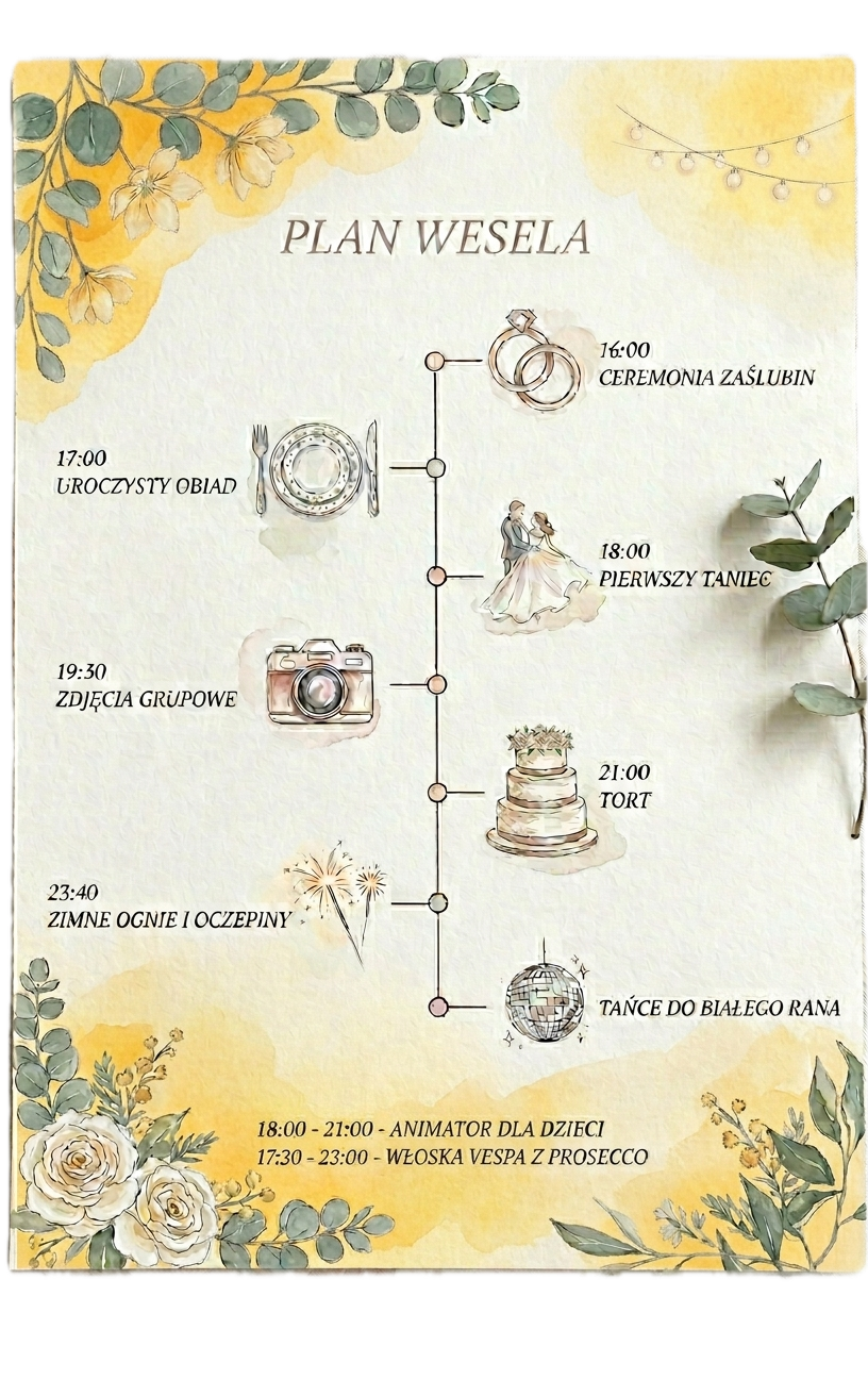 Plan wesela z godzinami ceremonii, uroczystego obiadu, pierwszego tańca, zdjęcia grupowego, tortu, zimnych ogni i tańców do białego rana.